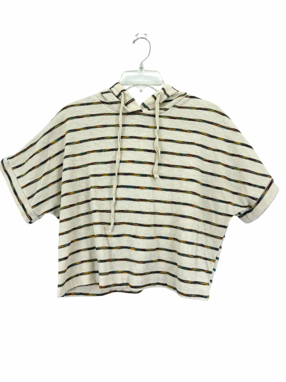 EARTHBOUND Cream Striped Cropped Hoodie with Multicolor Threads